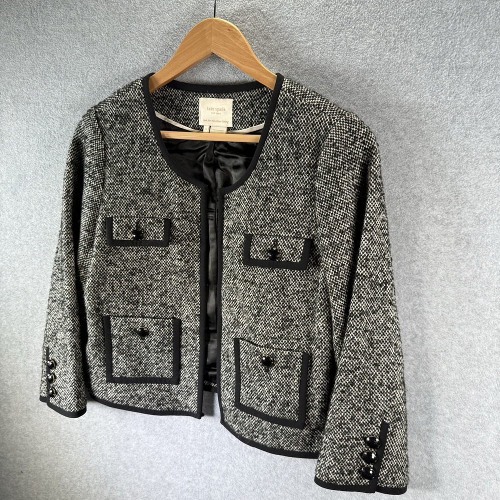 Kate Spade Ella Wool Tweed Cropped 3/4 Sleeve Jewel Preppy Blazer Suit Size 6 - Picture 5 of 14